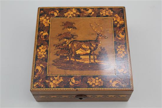 A Tunbridge Ware birds eye maple stag mosaic handkerchief box, 9in.